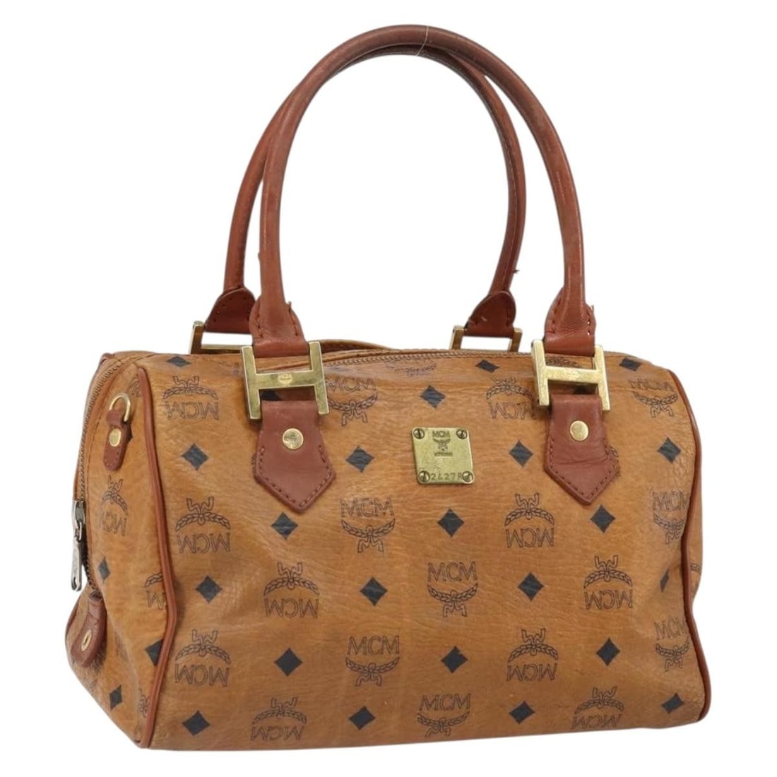Brown Gold PVC Leather MCM Vicetos Logogram Handbag BS32955: Brown Gold PVC Leather MCM Vicetos Logogram Handbag BS32955 This MCM Vicetos Logogram handbag features a brown and gold PVC leather exterior with a compact rectangular shape. The handbag includes a ha