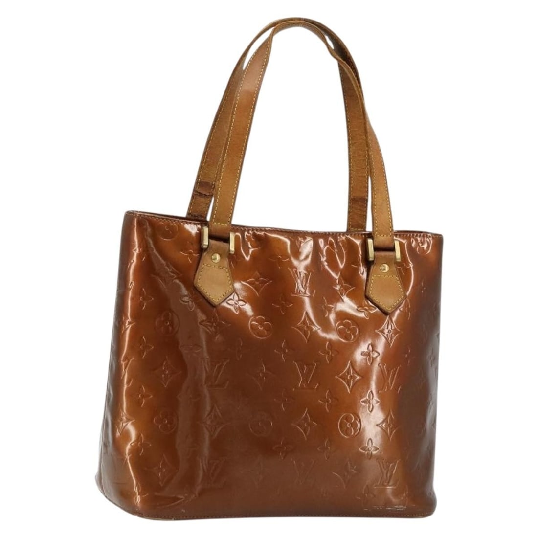 Louis Vuitton Bronze Vernis Houston Patent Leather Handbag M91122: Louis Vuitton Bronze Vernis Houston Patent Leather Handbag M91122 This Louis Vuitton Monogram Vernis Houston Hand Bag in bronze patent leather is a stylish piece designed for women. The bag features a