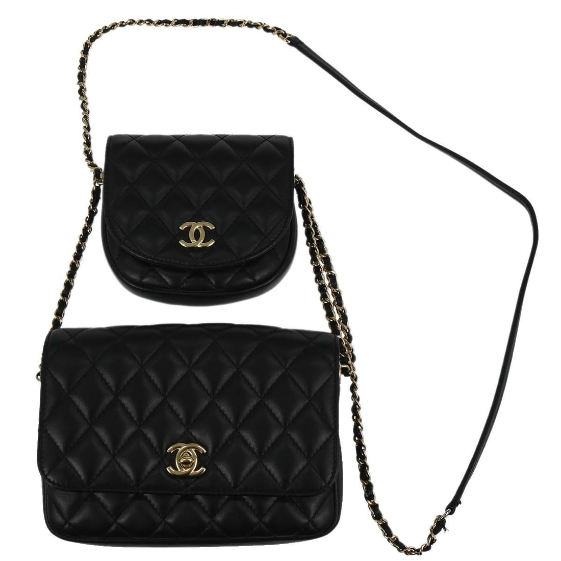 Chanel Black Quilted Leather Shoulder Bag with Pockets: Chanel Black Quilted Leather Shoulder Bag with Pockets This Chanel shoulder bag features a classic quilted design in black lambskin leather, offering a sophisticated and timeless look. The bag is desi