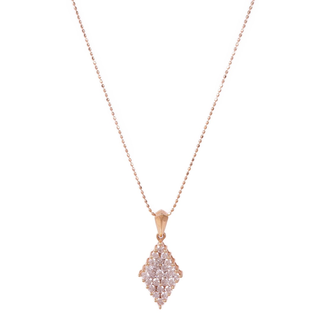 JEWELRY Diamond Necklace in 18K Rose Gold: JEWELRY Diamond Necklace in 18K Rose Gold This exquisite necklace features a stunning diamond set in luxurious 18K pink gold (K18PG), showcasing a clear, sparkling design that enhances its elegance. P