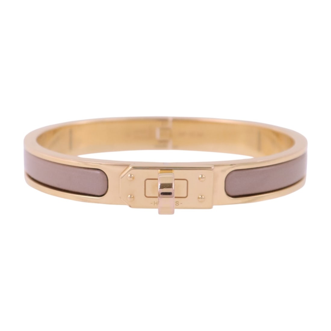 Hermes Mini Clic Kelly Gray and Gold Tone Enamel Bangle Bracelet: Hermes Mini Clic Kelly Gray and Gold Tone Enamel Bangle Bracelet This Hermes Mini Clic Kelly bracelet features a sleek gray enamel exterior complemented by gold tone metal accents. Designed in a bangl