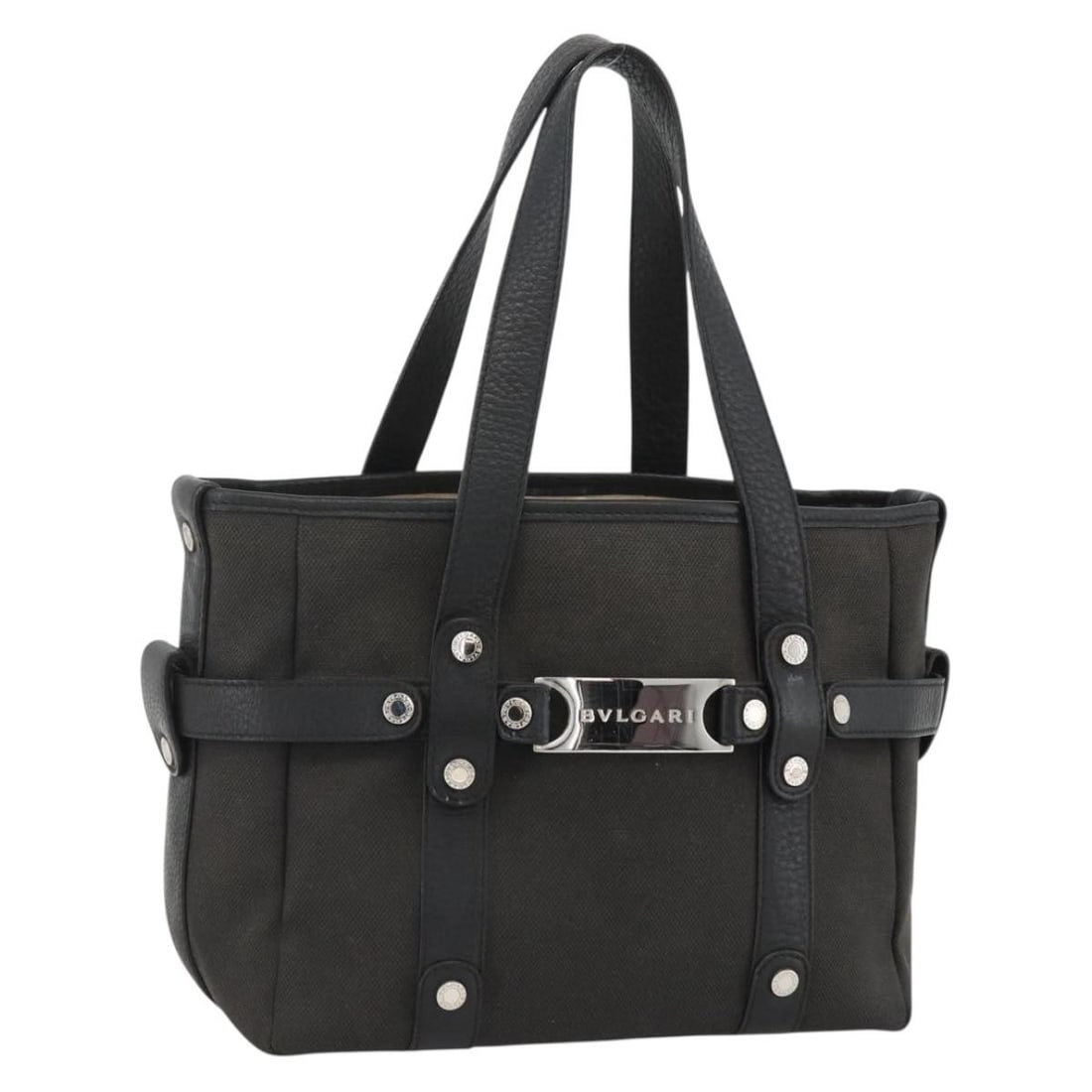 Black Canvas and Leather BVLGARI Handbag Silver Accents: Black Canvas and Leather BVLGARI Handbag Silver Accents This BVLGARI women's handbag features a black and silver canvas exterior with leather accents. The bag is made in Italy and has a spacious inter