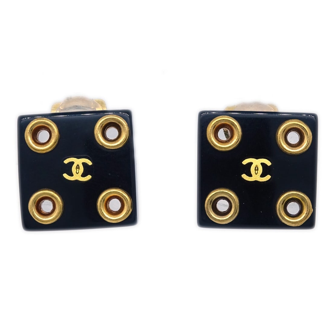 Chanel Black Gold Square Clip-On Earrings 01P: Chanel Black Gold Square Clip-On Earrings 01P Elevate your accessory collection with these stunning Chanel Square Clip-On Earrings. Crafted in France, these earrings feature a chic square shape and a 