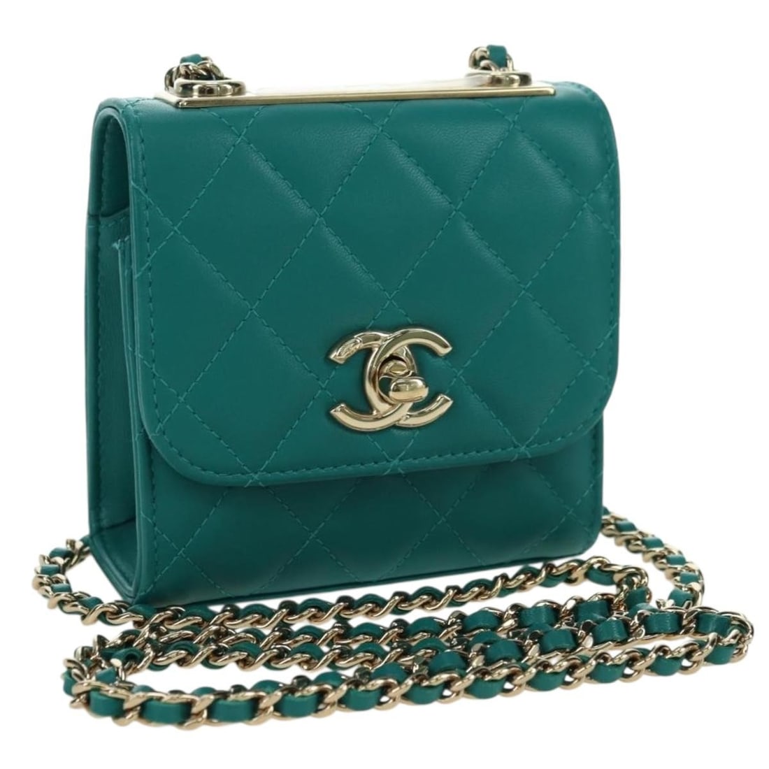 CHANEL Green Lamb Skin Mini Trendy CC Shoulder Bag Gold Chain: CHANEL Green Lamb Skin Mini Trendy CC Shoulder Bag Gold Chain This CHANEL Matelasse Chain Mini Trendy CC Bag is crafted from luxurious lambskin in a striking green and gold color combination. Designed