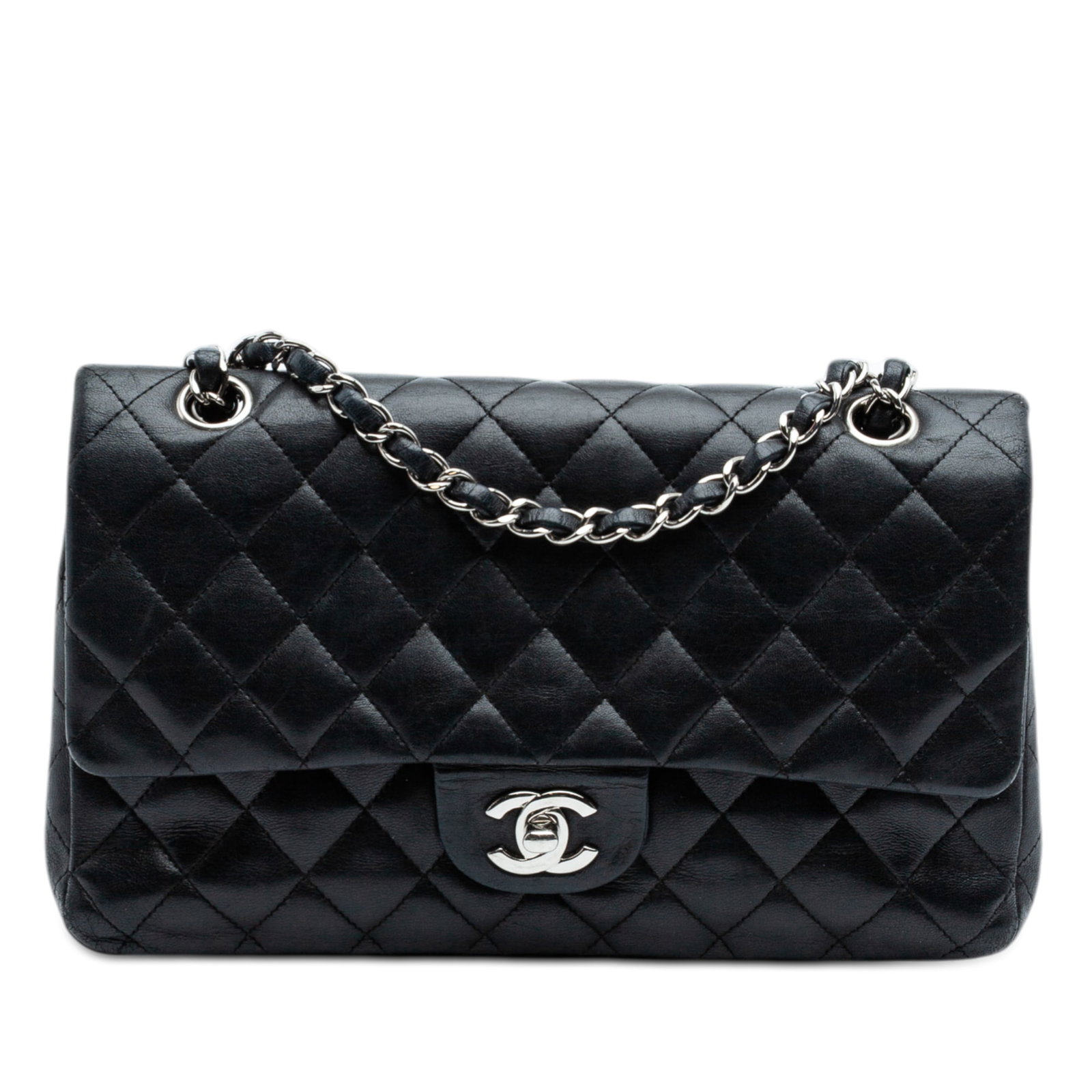 Black Leather Shoulder Bag Chanel Medium Classic Double Flap France: Black Leather Shoulder Bag Chanel Medium Classic Double Flap France This Chanel Medium Classic Lambskin Double Flap shoulder bag features a quilted lambskin leather body in black, leather-woven chain 