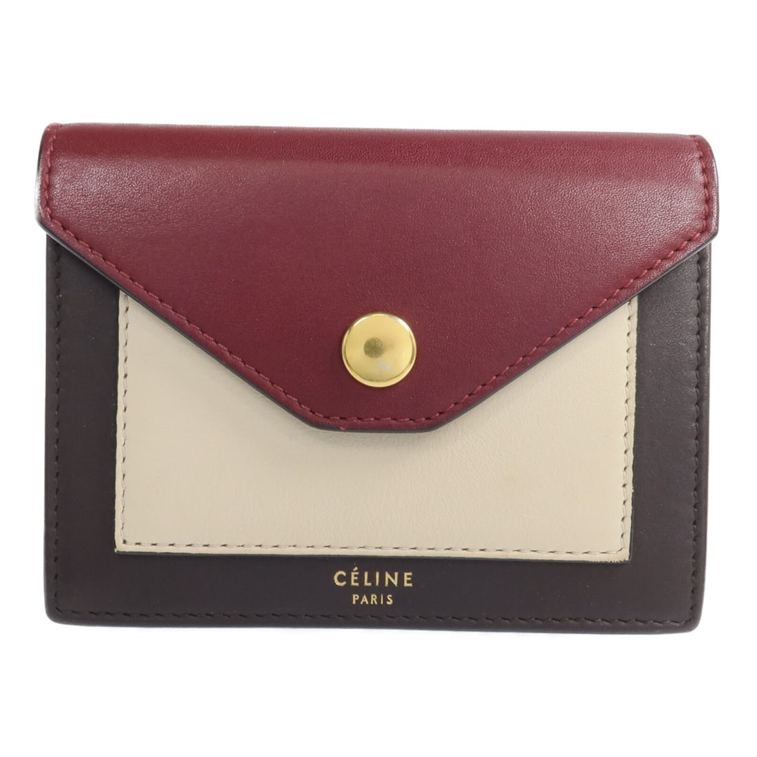 CELINE Bordeaux Calfskin Card Case with Gold Hardware: CELINE Bordeaux Calfskin Card Case with Gold Hardware This CELINE card case is crafted from calfskin leather in a Bordeaux color with brown and beige accents. Designed for everyday use, it offers a st