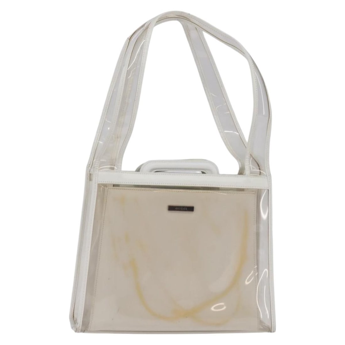 GUCCI Clear Silver Vinyl Tote Bag 001 2122 1773 Authentic: GUCCI Clear Silver Vinyl Tote Bag 001 2122 1773 Authentic This authentic GUCCI tote bag, crafted in Italy, features a stylish clear vinyl exterior with silver accents. The bag measures approximately 1