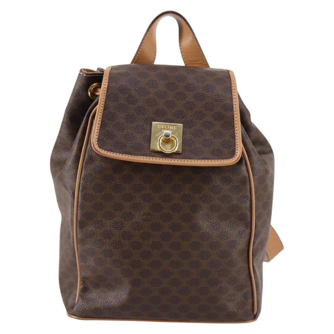 Celine Macadam Coated Canvas Brown Drawstring Flap Backpack Vintage: Celine Macadam Coated Canvas Brown Drawstring Flap Backpack Vintage This vintage Celine drawstring flap backpack is crafted from brown macadam coated canvas with leather details. Designed for women, t
