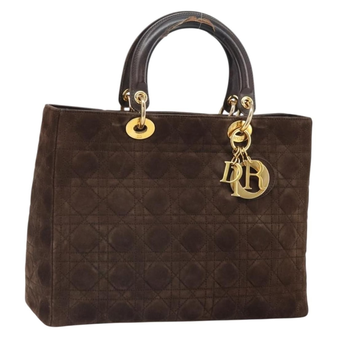 Lady Dior suede handbag in brown and gold with charm accent: Lady Dior suede handbag in brown and gold with charm accent This Christian Dior Lady Dior Canage handbag features brown suede with gold accents, crafted in Italy. The bag includes a top handle with a 