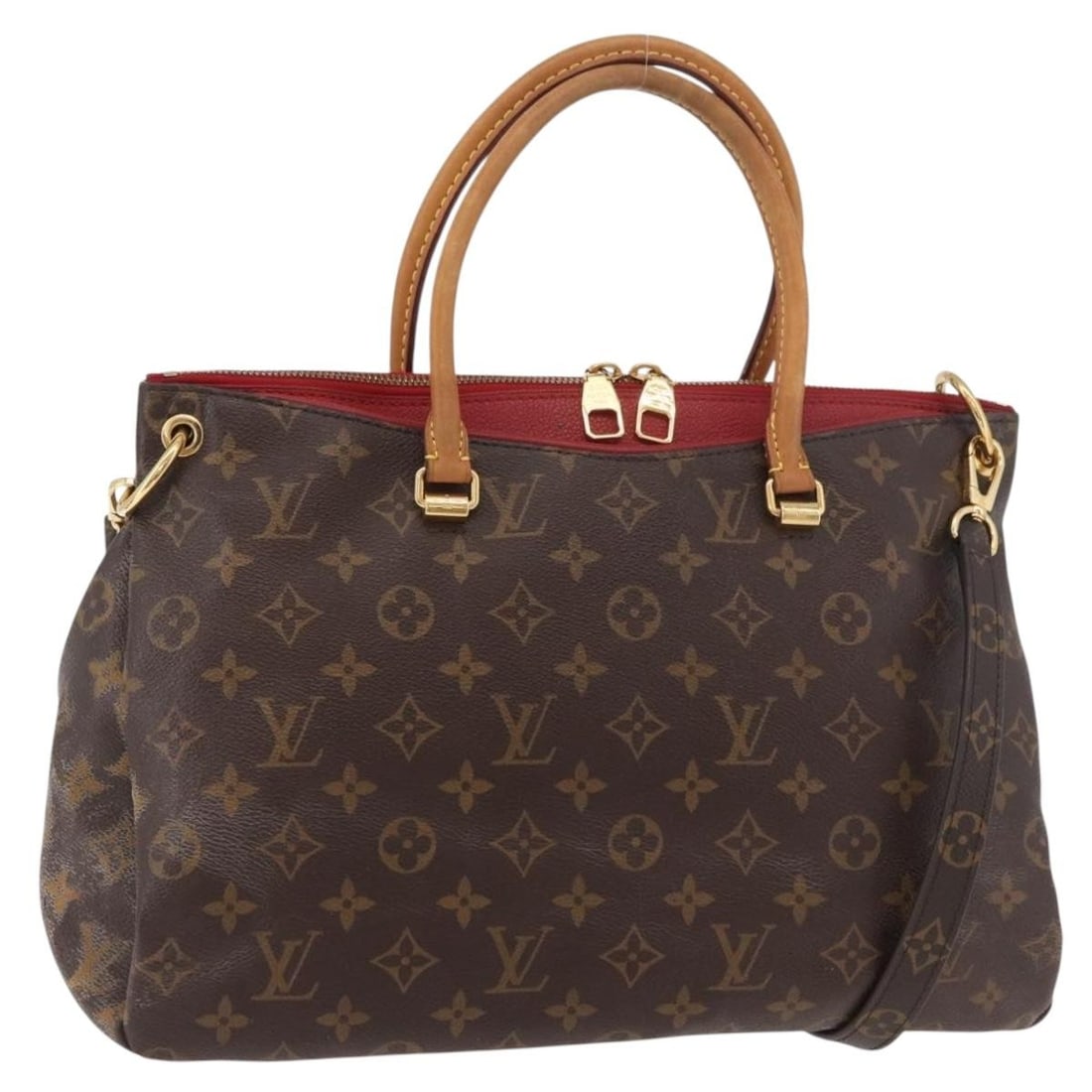 Louis Vuitton Pallas MM Monogram Canvas Red Shoulder Strap: Louis Vuitton Pallas MM Monogram Canvas Red Shoulder Strap This Louis Vuitton Monogram Pallas MM handbag features the signature Monogram canvas with red accents, offering a versatile 2-way design for 