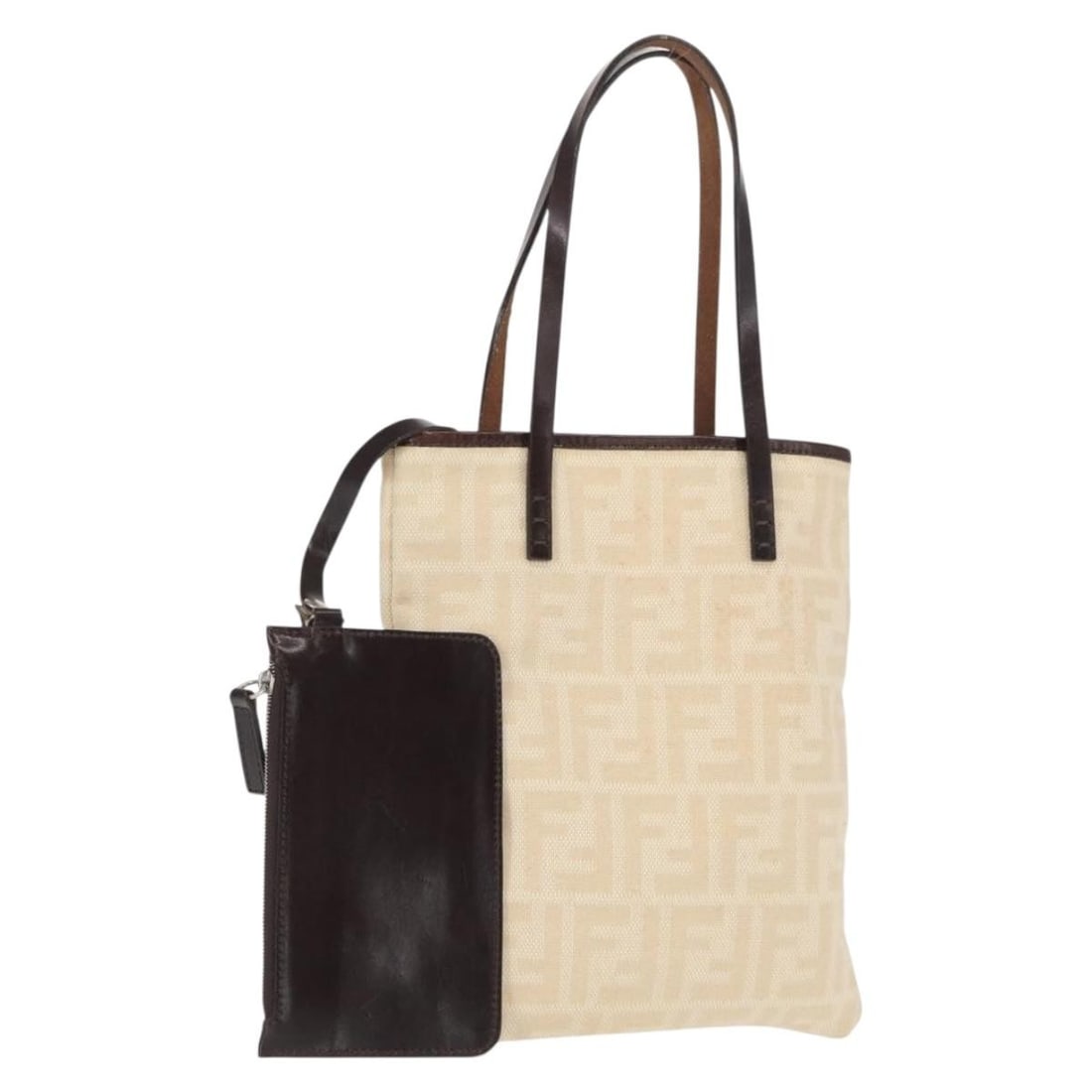 Beige and Silver Zucca Canvas Fendi Handbag with Pouch: Beige and Silver Zucca Canvas Fendi Handbag with Pouch This FENDI hand bag features the signature Zucca canvas in beige and silver tones. Made in Italy, it includes a matching pouch and offers a compa