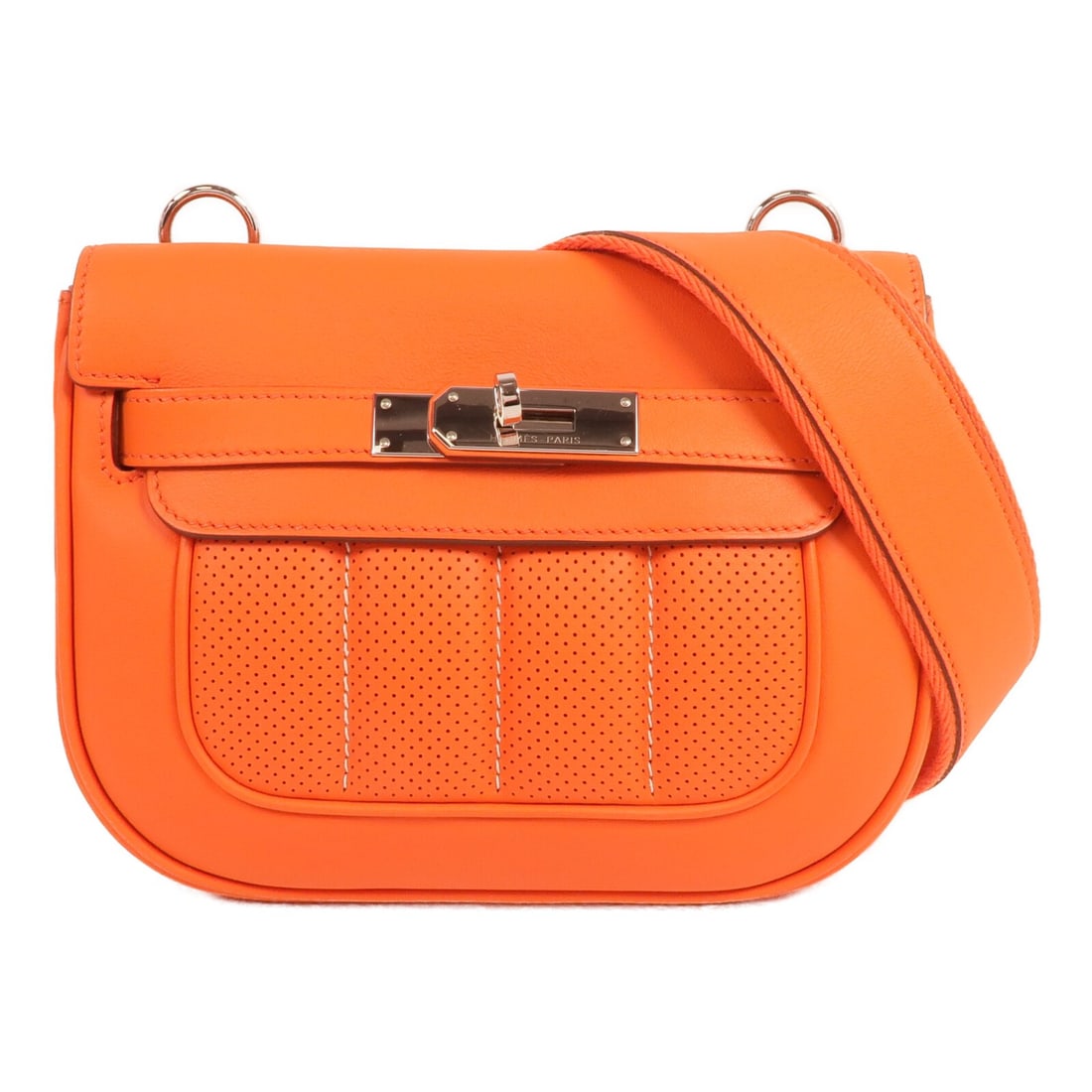 HERMES Berline Mini Shoulder Bag Swift Leather Orange: HERMES Berline Mini Shoulder Bag Swift Leather Orange This HERMES Berline Mini Shoulder Bag is a stunning accessory crafted from high-quality calfskin leather in a vibrant orange hue. The bag features
