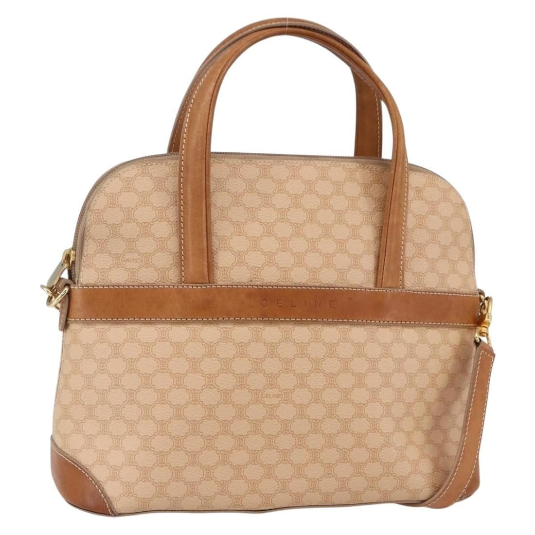 CELINE Macadam Canvas Beige Gold Hand Bag PVC Auth 153970: CELINE Macadam Canvas Beige Gold Hand Bag PVC Auth 153970 This authentic CELINE Macadam Canvas Hand Bag is a stylish and versatile accessory, crafted from durable PVC leather and featuring a chic beig