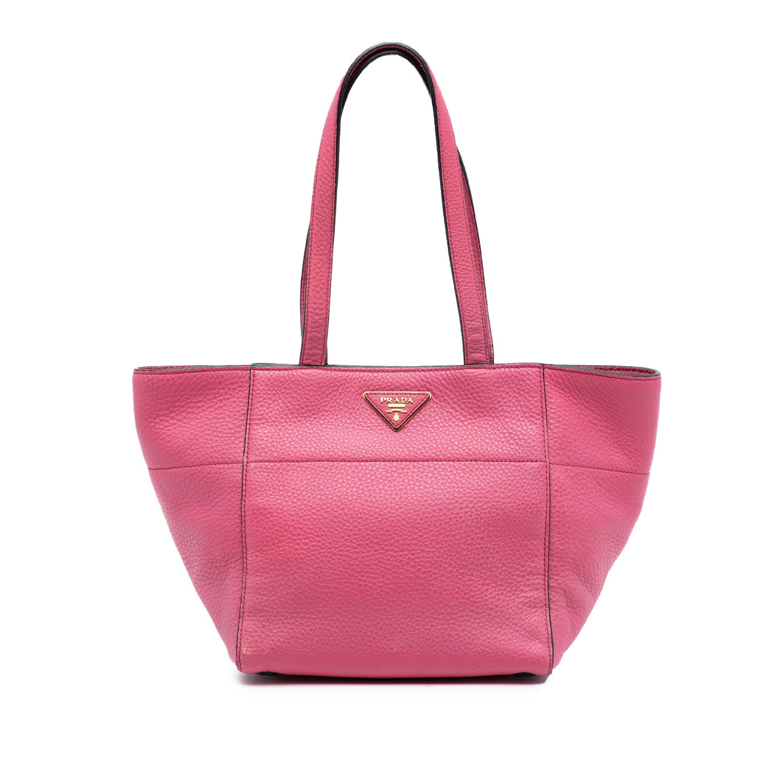 Prada Vitello Daino Pink Leather Tote Bag from Italy: Prada Vitello Daino Pink Leather Tote Bag from Italy This Prada Vitello Daino Tote features a pink leather body with flat leather straps, an open top secured with a magnetic closure, and interior zip 
