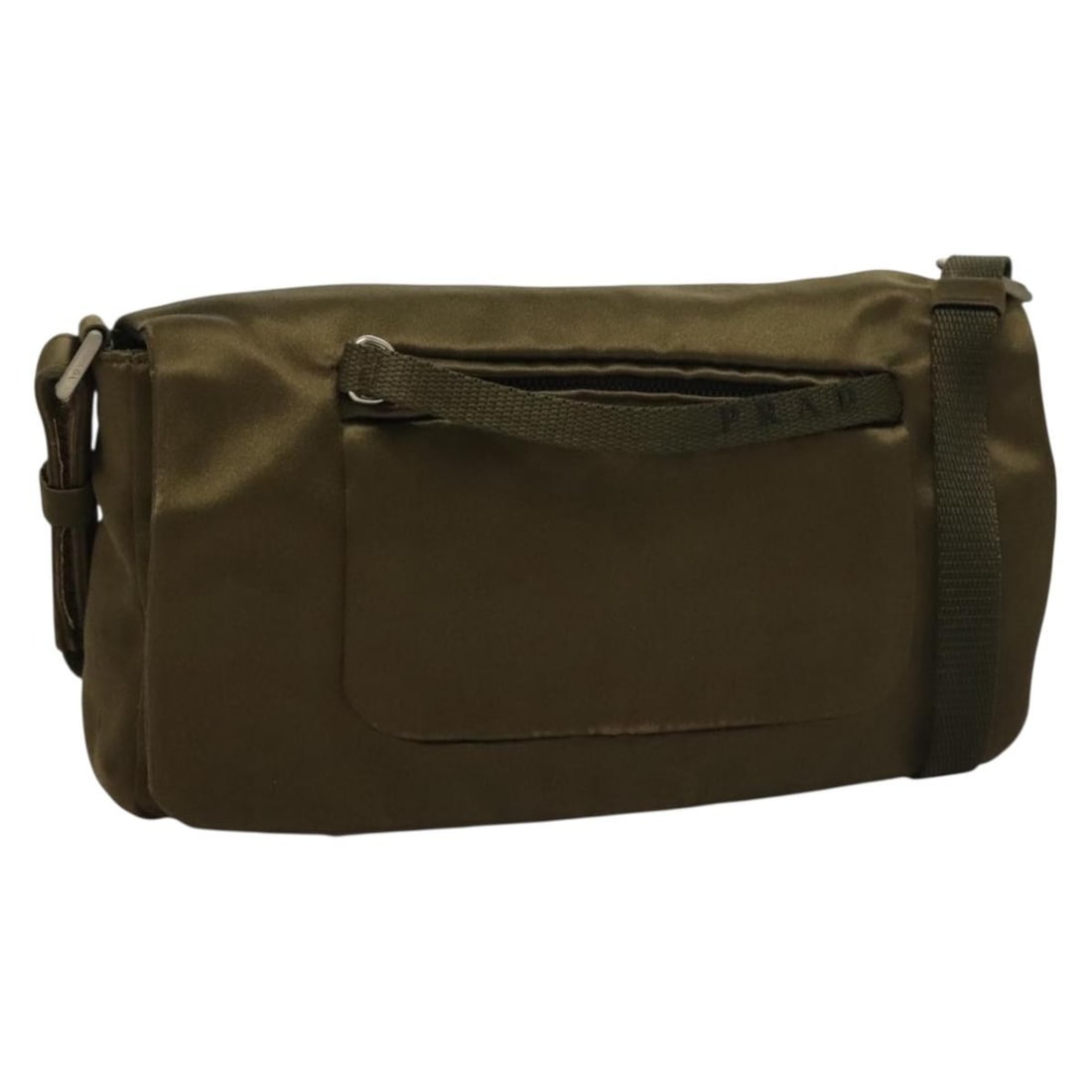 Prada Green Satin Shoulder Bag with Silver Accents and Guarantee Card: Prada Green Satin Shoulder Bag with Silver Accents and Guarantee Card This PRADA shoulder bag features a stylish green and silver satin exterior and is designed for women. The bag is made in Italy and