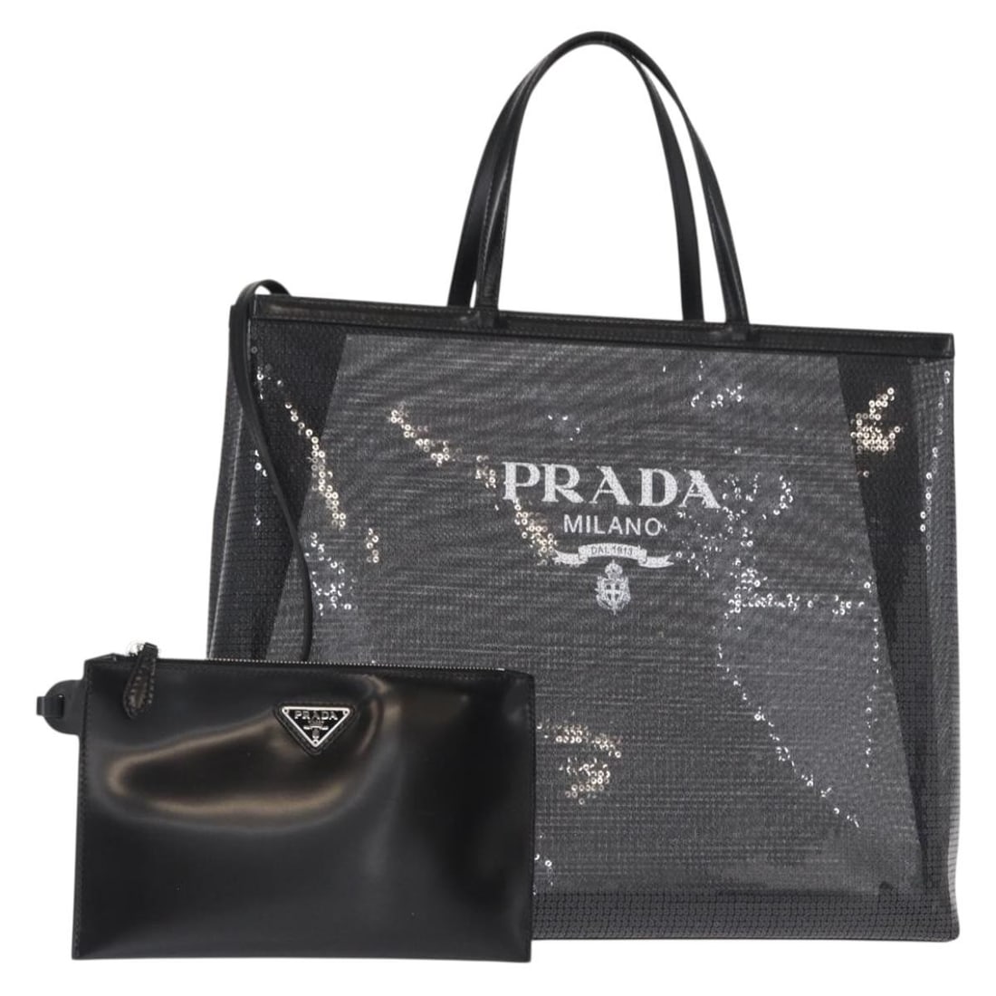 Black Sequin Nylon Handbag by Prada with Dust Bag and Pouch: Black Sequin Nylon Handbag by Prada with Dust Bag and Pouch This PRADA hand bag features a black nylon exterior adorned with sequins, offering a stylish and contemporary look. Designed for women, the 
