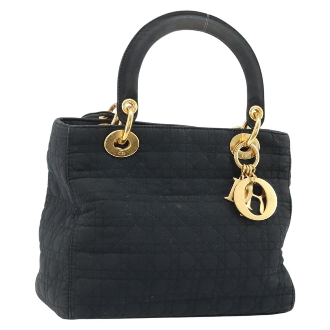 Lady Dior Black Nylon Handbag with Gold Hardware by Christian Dior: Lady Dior Black Nylon Handbag with Gold Hardware by Christian Dior This Christian Dior Lady Dior handbag is crafted from black nylon with gold-tone accents. Designed for women, it features dual top ha