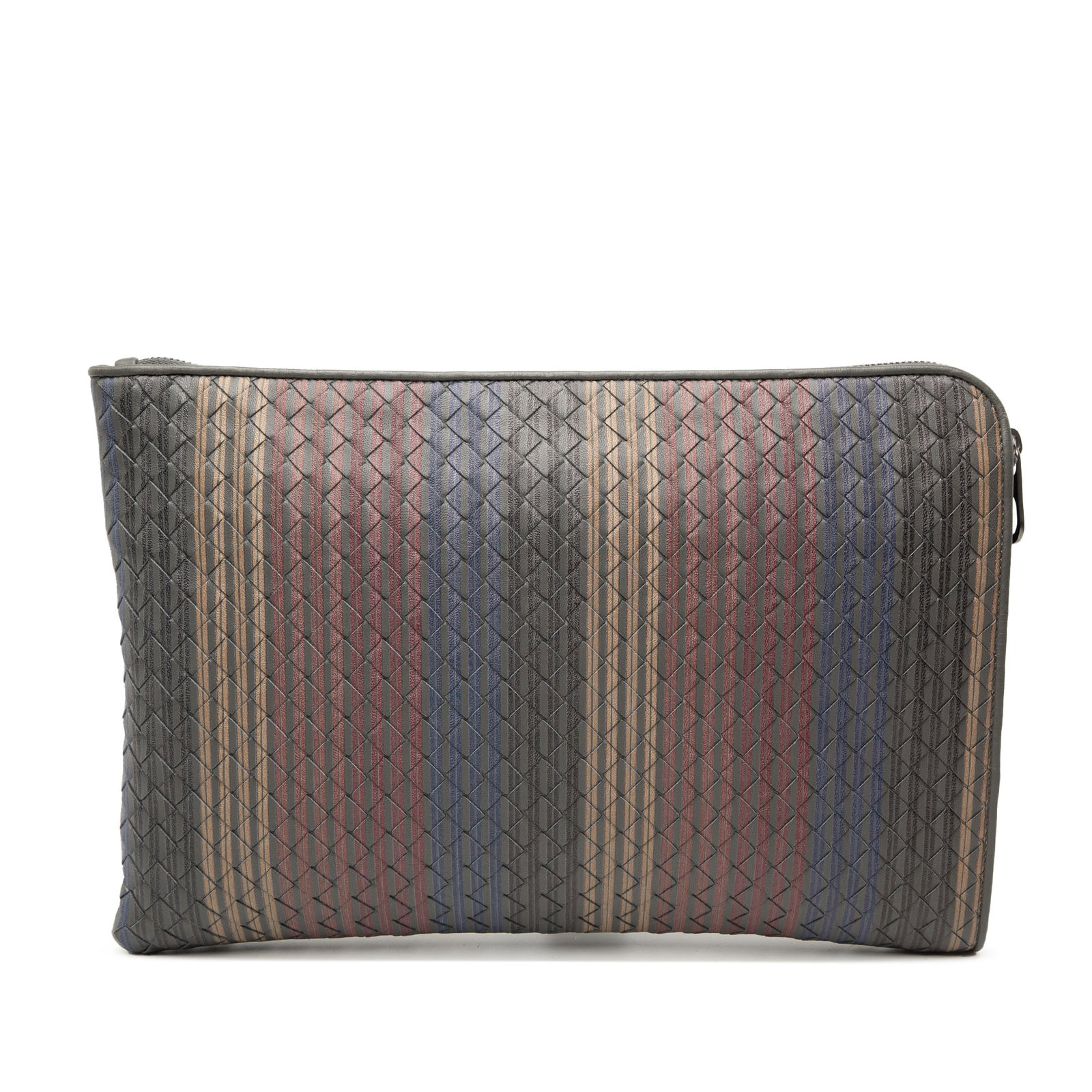 Bottega Veneta Nappa Leather Intrecciato Stripe Clutch Bag: Bottega Veneta Nappa Leather Intrecciato Stripe Clutch Bag This Bottega Veneta Nappa Intrecciato Stripe Document Case features a woven nappa leather exterior in a multicolor design. The clutch bag is 
