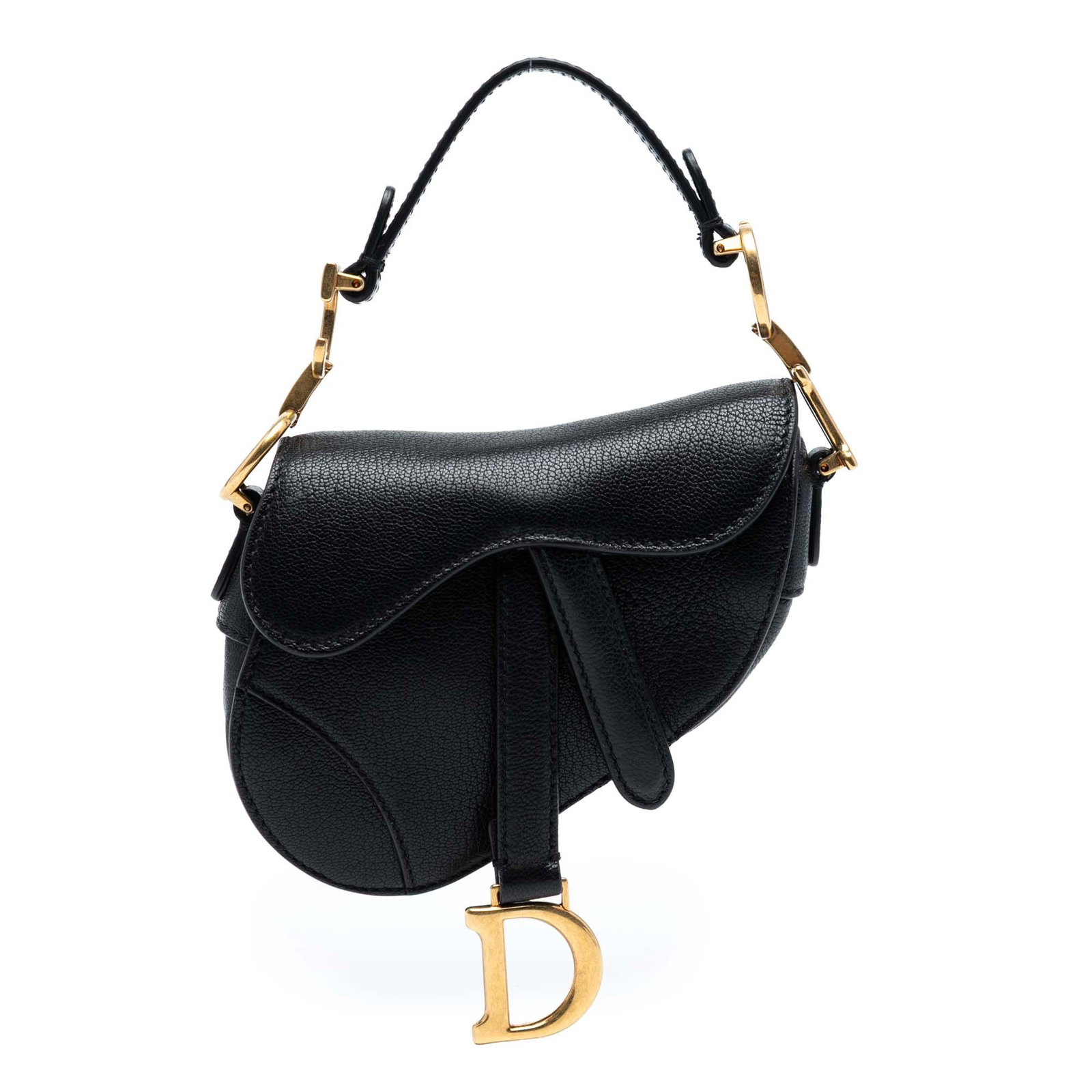 Dior Micro Goatskin Saddle Bag with CD Hardware: Dior Micro Goatskin Saddle Bag with CD Hardware The Dior Micro Goatskin Saddle is a stylish mini bag crafted from high-quality goatskin leather in a classic black color. This elegant bag features a fl