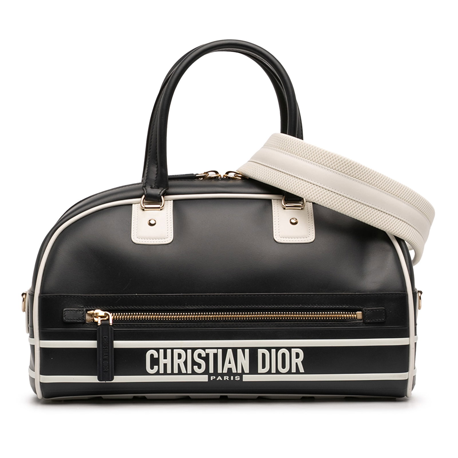 Dior Vibe Black Leather Medium Zip Bowling Bag with Adjustable Strap: Dior Vibe Black Leather Medium Zip Bowling Bag with Adjustable Strap This Medium Leather Dior Vibe Zip Bowling Bag features a black leather body with rolled leather handles and an adjustable, detachab