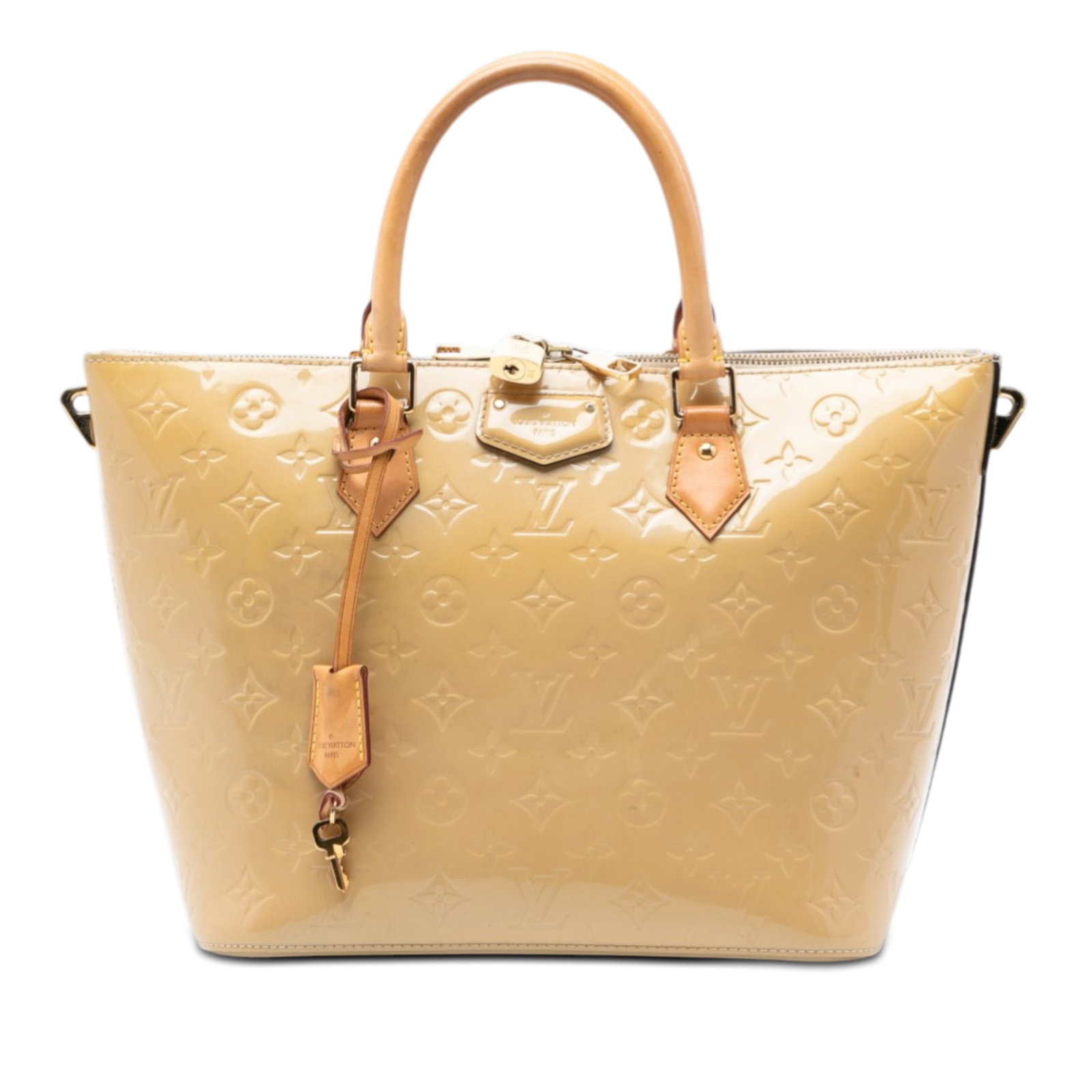 Louis Vuitton Montebello MM Beige Monogram Vernis Leather Handbag: Louis Vuitton Montebello MM Beige Monogram Vernis Leather Handbag The Louis Vuitton Monogram Vernis Montebello MM features a monogram vernis leather body with rolled vachetta leather handles. It is de