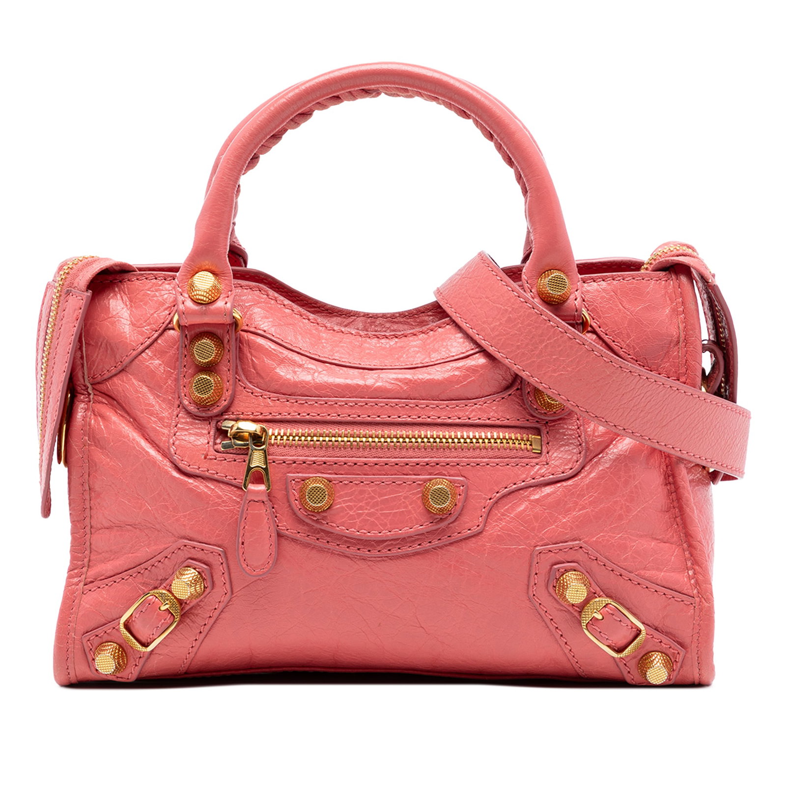 Mini City Satchel in Pink Lambskin by Balenciaga Motocross Giant 21: Mini City Satchel in Pink Lambskin by Balenciaga Motocross Giant 21 This Balenciaga Mini Lambskin Motocross Giant 21 City Satchel showcases a pink lambskin leather body with rolled leather handles and