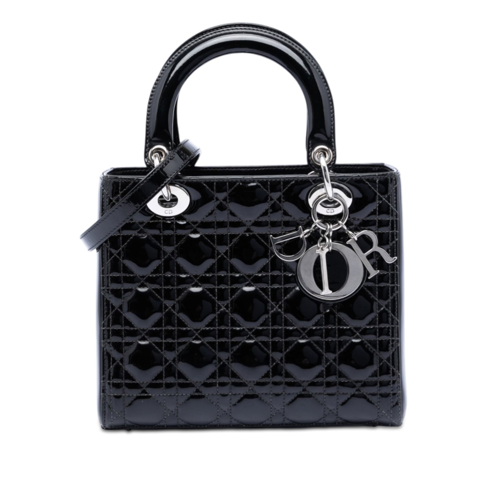 Dior Lady Dior Black Medium Patent Cannage Quilted Leather Handbag (1 of 7)