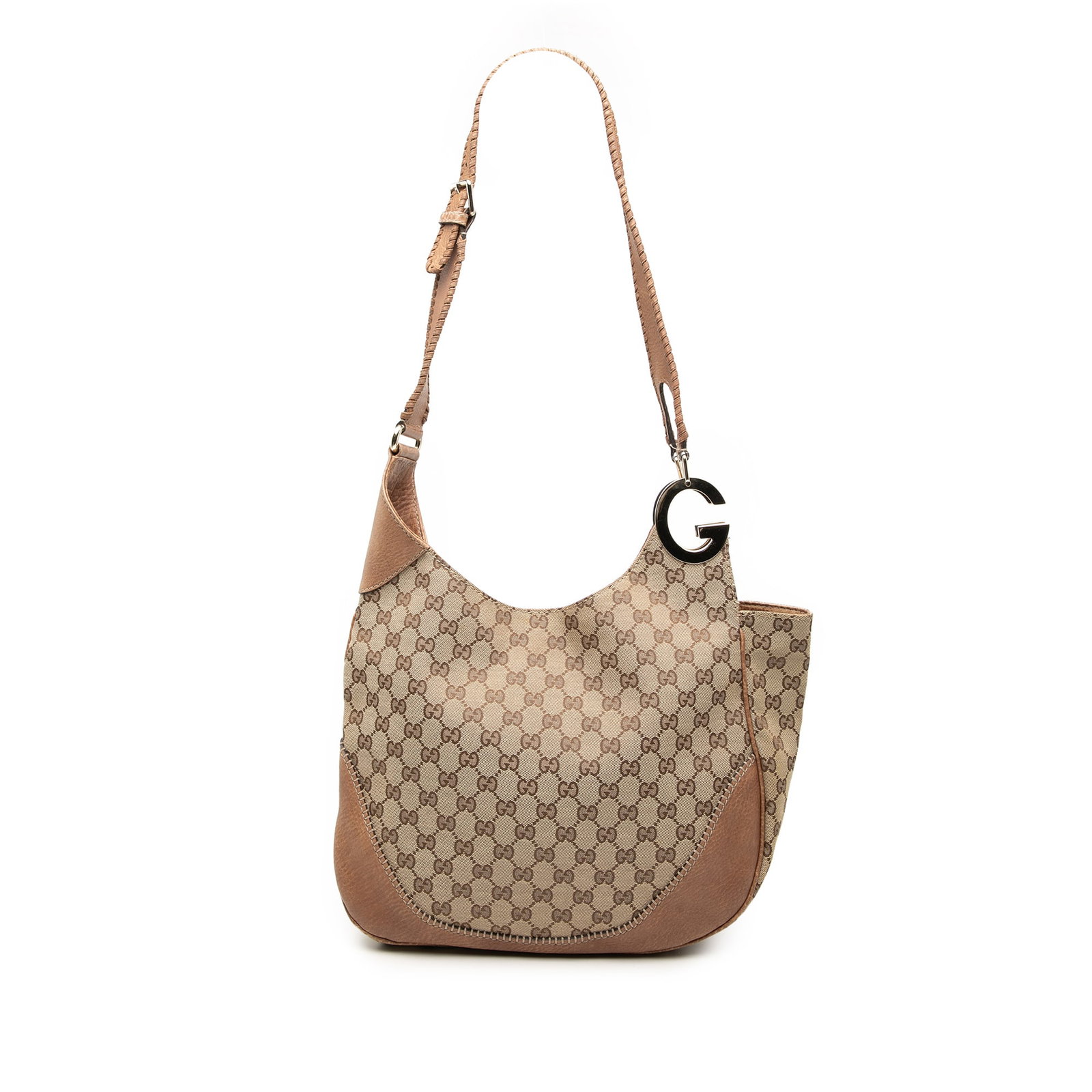 GG Canvas Charlotte Beige Leather Crossbody Bag by Gucci: GG Canvas Charlotte Beige Leather Crossbody Bag by Gucci This Gucci GG Canvas Charlotte Crossbody features a leather body with leather trim, a flat leather strap, an open top secured by a magnetic clo