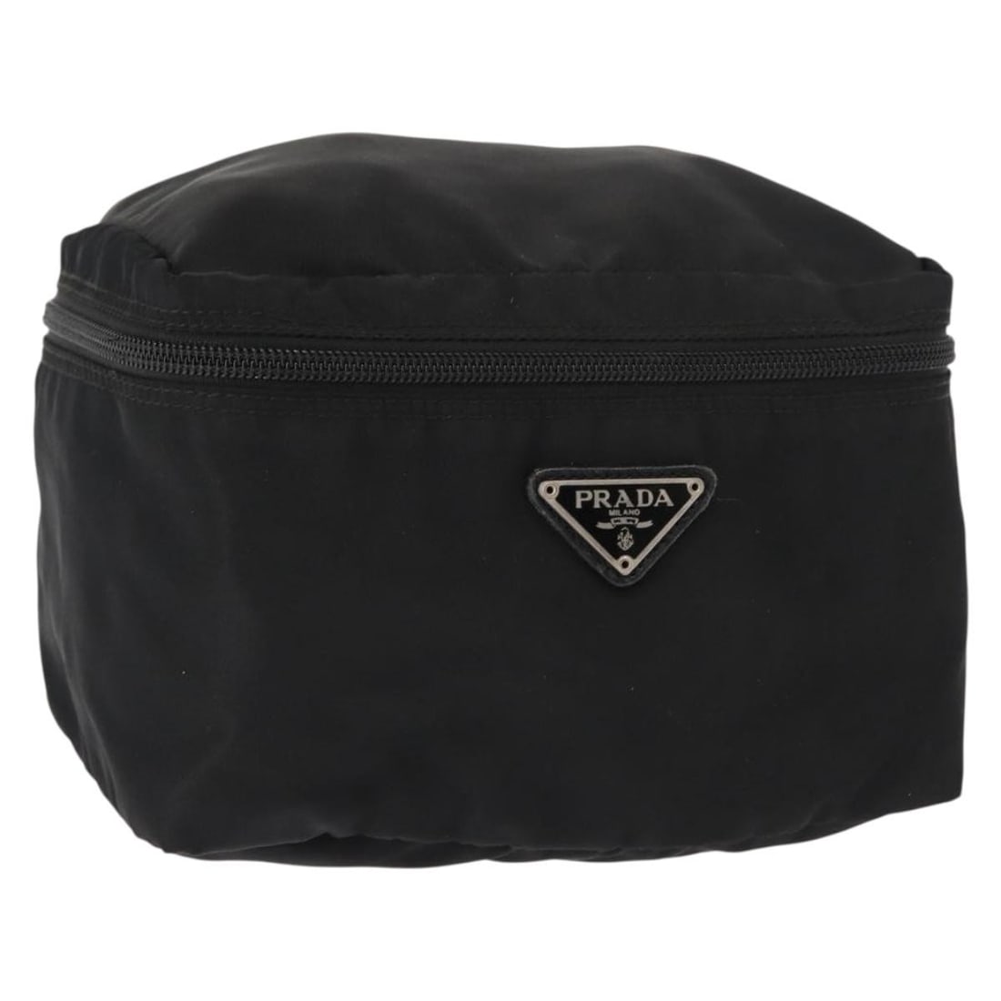 PRADA Black Silver Nylon Vanity Hand Bag Made in Italy: PRADA Black Silver Nylon Vanity Hand Bag Made in Italy This PRADA Vanity Bag is a stylish hand bag crafted from durable black nylon with silver accents. Made in Italy, it features a sleek design that 