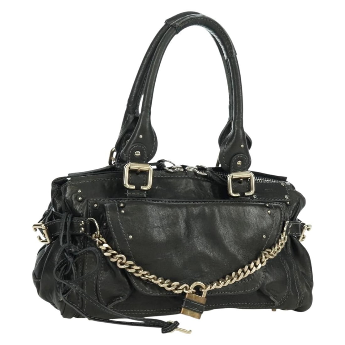 Chloe Paddington Black Leather Handbag with Gold and Silver Accents: Chloe Paddington Black Leather Handbag with Gold and Silver Accents This Chloe Paddington hand bag features a black leather exterior accented with gold and silver tones. Designed for women, it offers 
