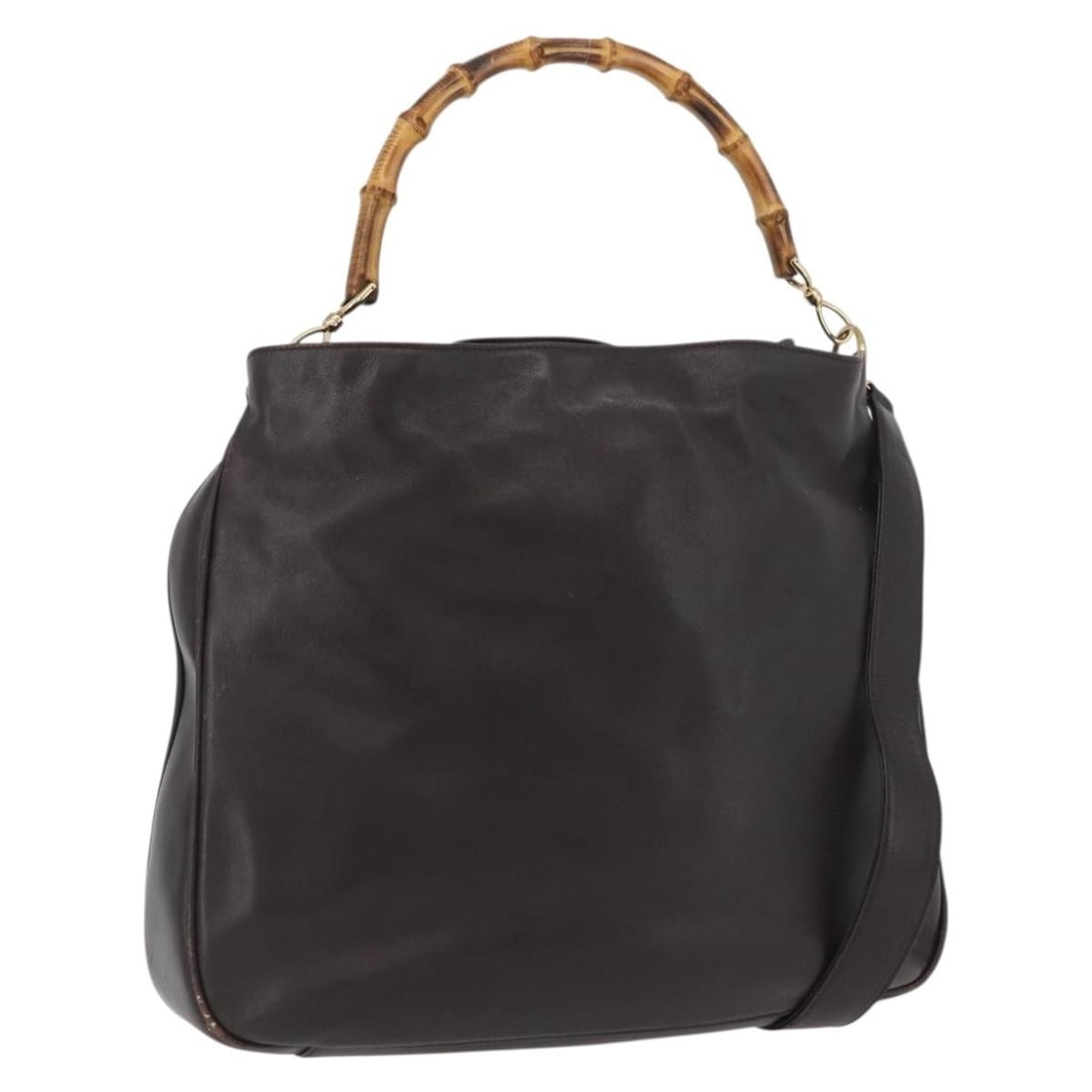 Gucci 001 1577 Brown Leather Bamboo 2way Shoulder Bag with Gold Accents: Gucci 001 1577 Brown Leather Bamboo 2way Shoulder Bag with Gold Accents This is a GUCCI Bamboo shoulder bag crafted from brown leather with gold-tone accents. The bag offers versatile carrying options