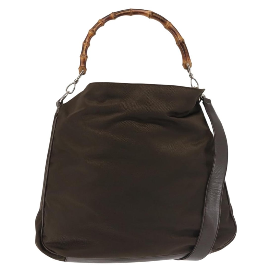 Gucci Bamboo Nylon Khaki Silver Handbag with Shoulder Strap: Gucci Bamboo Nylon Khaki Silver Handbag with Shoulder Strap This GUCCI Bamboo Hand Bag offers versatile 2-way carrying options with both top handles and a detachable shoulder strap. Crafted from durab
