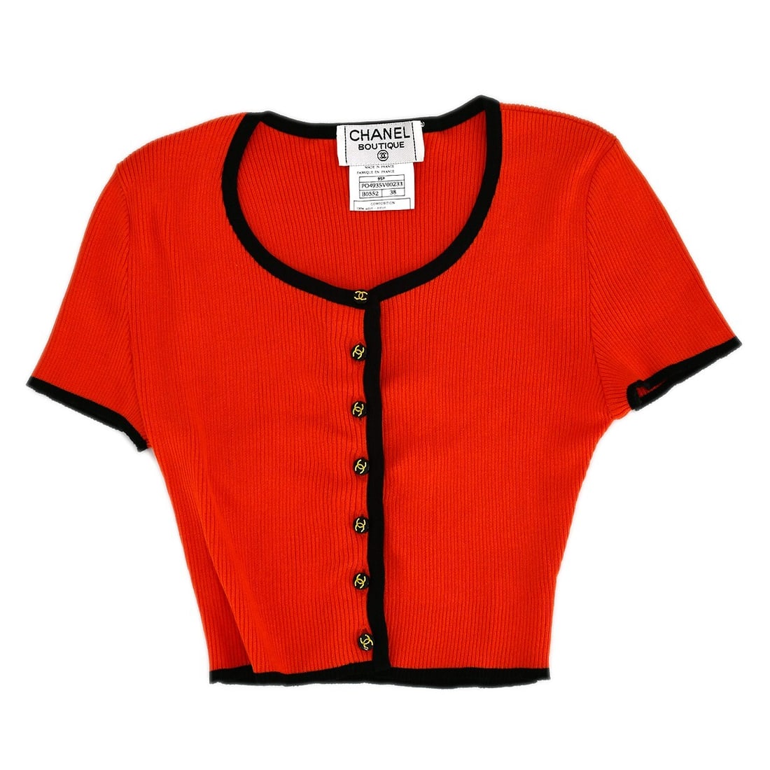 Chanel Red Short Sleeve Cardigan Sweater Size #38: Chanel Red Short Sleeve Cardigan Sweater Size #38 This chic Chanel short sleeve cardigan top is perfect for casual occasions. It features a round neckline and is crafted from 100% cotton, ensuring com