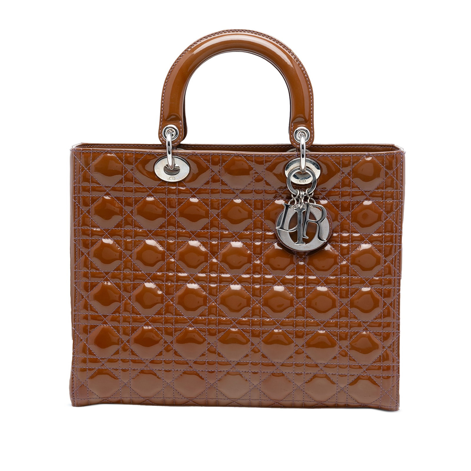 Dior Lady Dior Large Brown Patent Cannage Leather Tote Bag: Dior Lady Dior Large Brown Patent Cannage Leather Tote Bag This Lady Dior handbag features a brown patent leather exterior with the signature Cannage quilting, flat leather handles, a top zip closure,