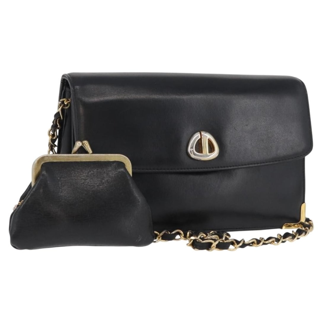 Christian Dior Black Gold Caviar Skin Shoulder Bag with Pouch: Christian Dior Black Gold Caviar Skin Shoulder Bag with Pouch This Christian Dior chain shoulder bag is crafted from caviar skin leather in black with gold-tone accents. It features a compact silhouet