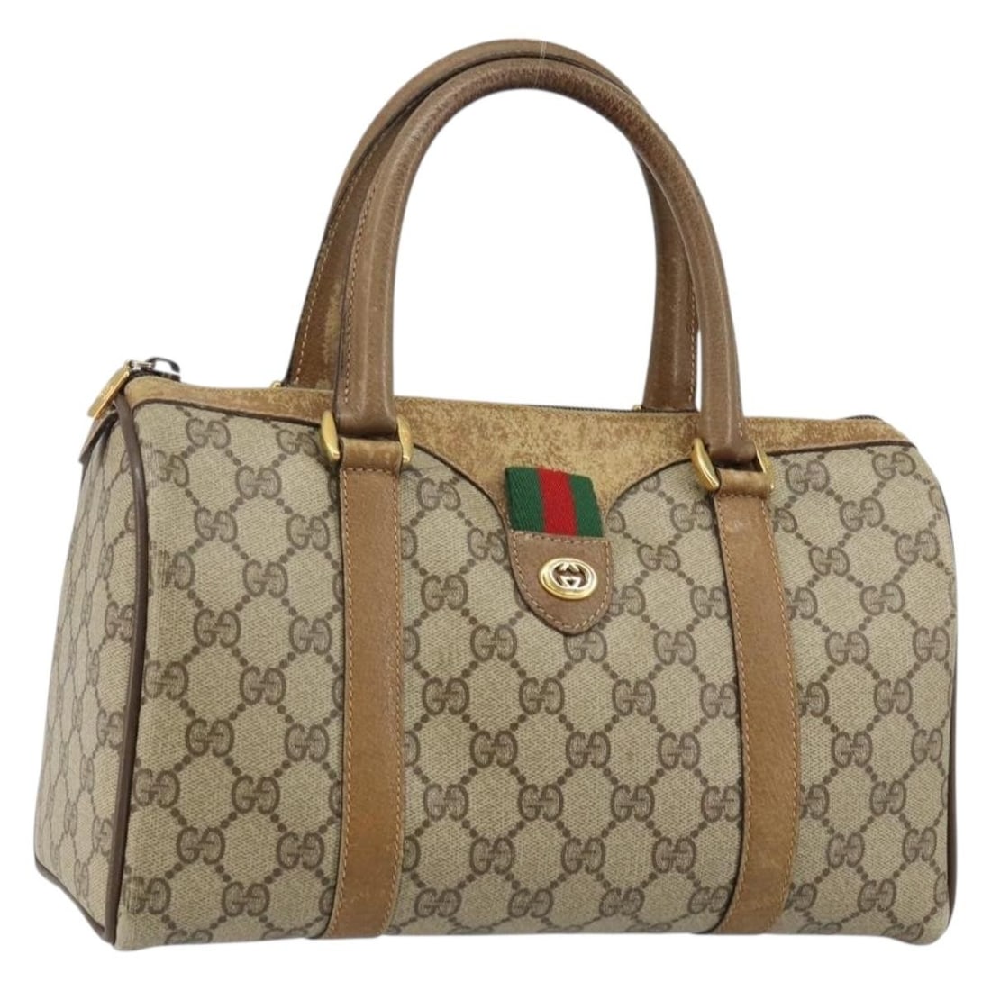 GUCCI GG Supreme Sherry Line Boston Bag Beige Gold PVC Italy Auth 40 02 006: GUCCI GG Supreme Sherry Line Boston Bag Beige Gold PVC Italy Auth 40 02 006 This GUCCI GG Supreme Web Sherry Line Boston Bag features a stylish blend of beige PVC leather and GG canvas, making it a ch