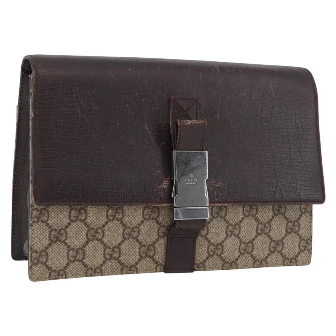 Beige and Silver GG Supreme 131213 Clutch Bag by Gucci PVC Leather: Beige and Silver GG Supreme 131213 Clutch Bag by Gucci PVC Leather This is a Gucci GG Supreme clutch bag crafted from beige and silver PVC leather and GG canvas. Designed for women, the bag is made in