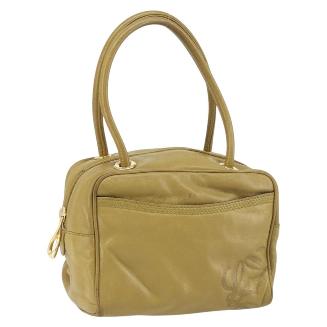 Loewe Anagram Green Leather Handbag with Gold Accents: Loewe Anagram Green Leather Handbag with Gold Accents This LOEWE anagram handbag features green and gold leather with a structured design. The bag includes a single handle with a 5.5-inch (14 cm) drop