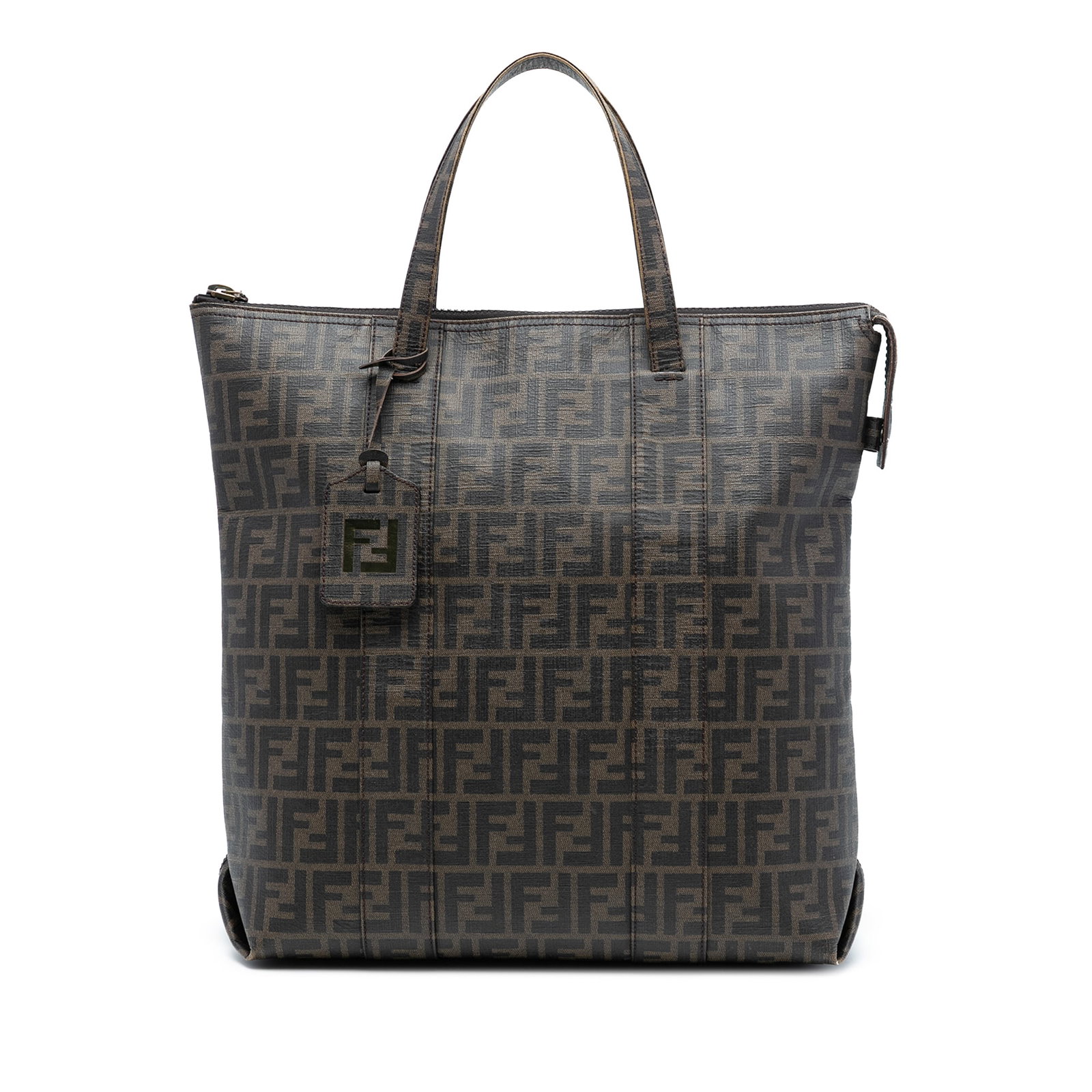 Brown Zucca Pattern Vertical Tote Bag by Fendi in Coated Canvas: Brown Zucca Pattern Vertical Tote Bag by Fendi in Coated Canvas This Fendi Zucca Coated Canvas Vertical Tote features a coated canvas body with a brown color scheme and flat leather handles. The tote 