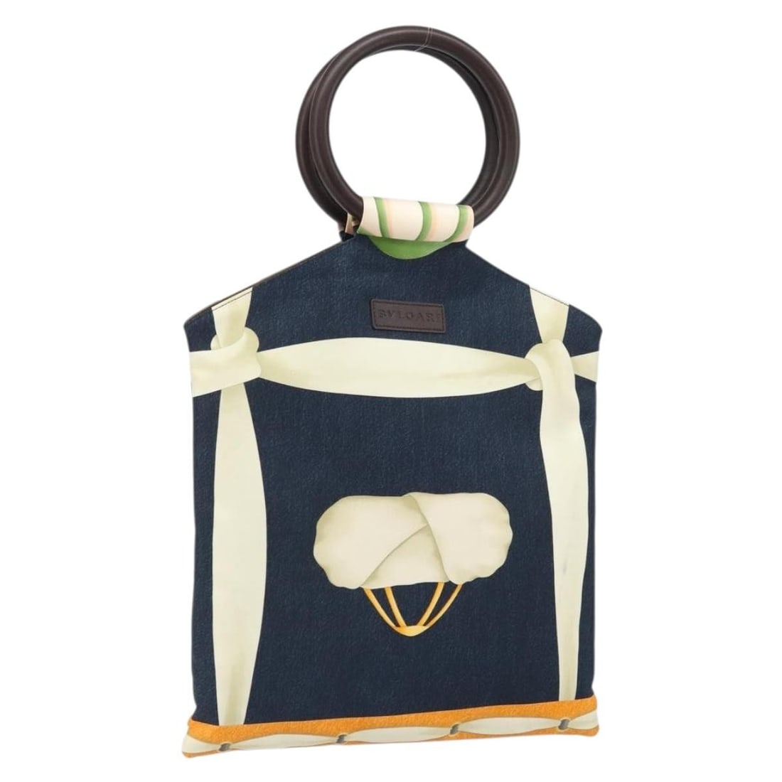 Navy Canvas Handbag by BVLGARI Made in Italy BA10265: Navy Canvas Handbag by BVLGARI Made in Italy BA10265 This BVLGARI handbag features a navy canvas exterior, crafted in Italy. It has a structured silhouette with a handle drop of approximately 5.5 inch