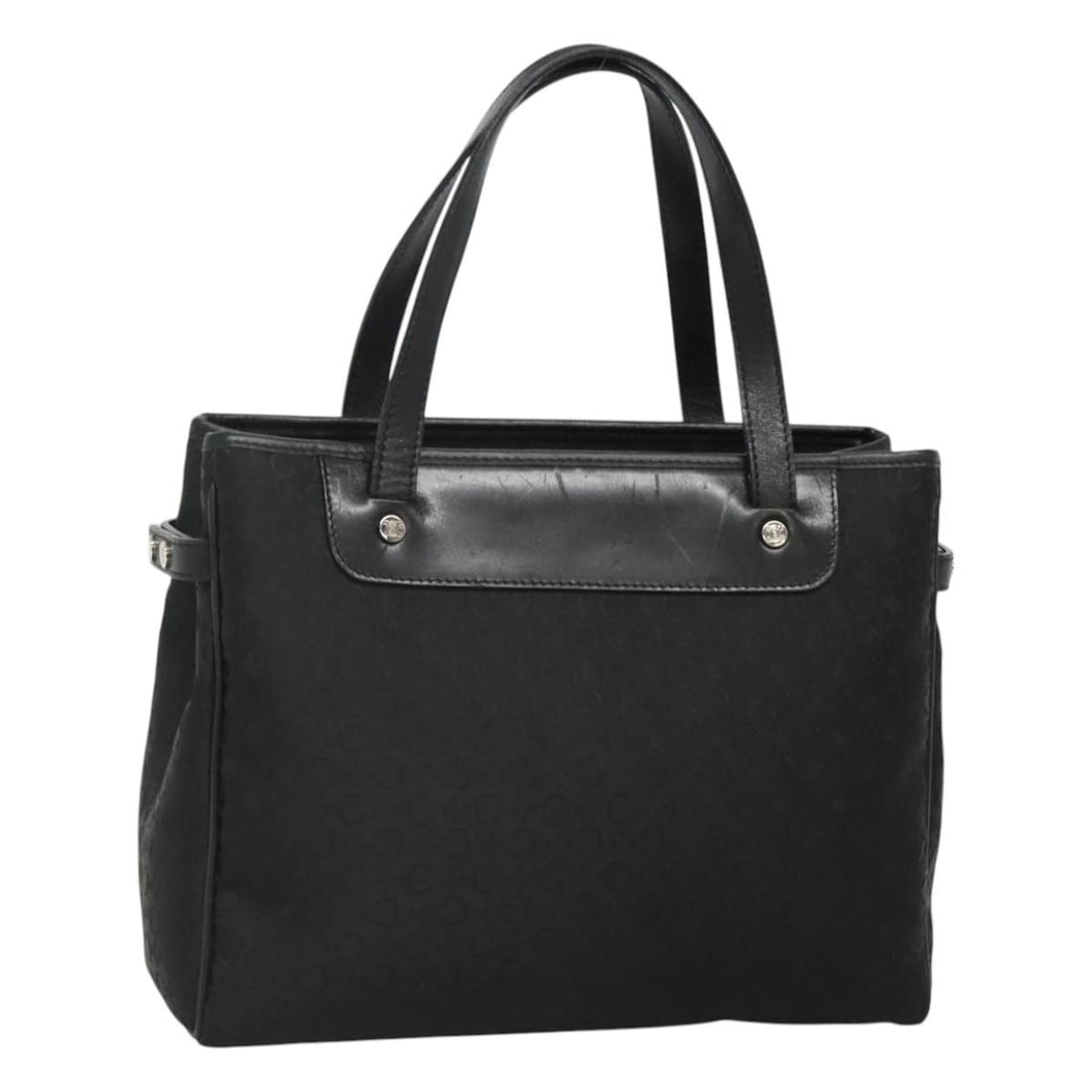 Black Macadam Canvas Celine C Handbag for Women: Black Macadam Canvas Celine C Handbag for Women This CELINE C Macadam canvas handbag features a classic black exterior and is crafted in Italy. The bag has a structured silhouette with a single top ha