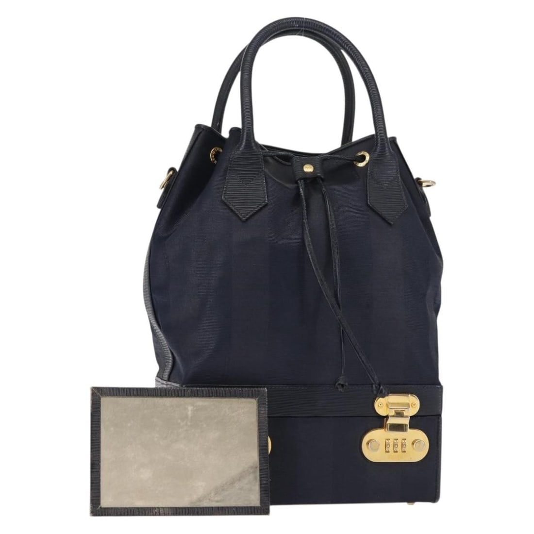 FENDI Navy Gold PVC Hand Bag with Mirror Auth 146482: FENDI Navy Gold PVC Hand Bag with Mirror Auth 146482 This Fendi Hand Bag combines sophisticated design with practicality, crafted from durable PVC leather in a stylish navy and gold color scheme. Meas