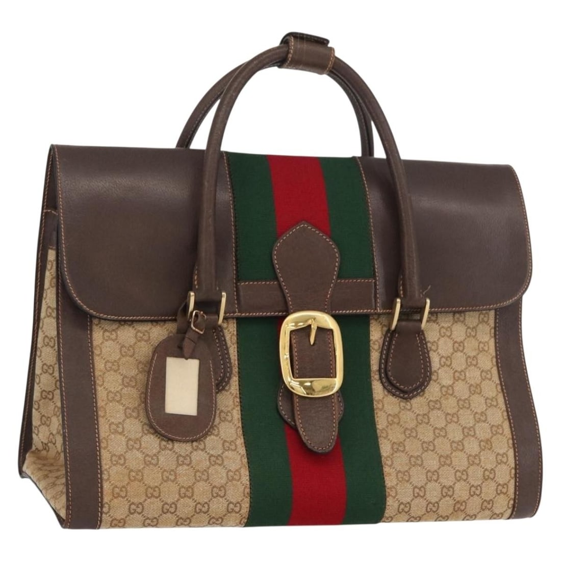 Gucci Boston Bag GG Canvas Beige Gold Sherry Web Line with Name Tag: Gucci Boston Bag GG Canvas Beige Gold Sherry Web Line with Name Tag This is a Gucci GG Canvas Web Sherry Line Boston Bag in beige and gold. Crafted in Italy, this women's bag features the iconic GG ca