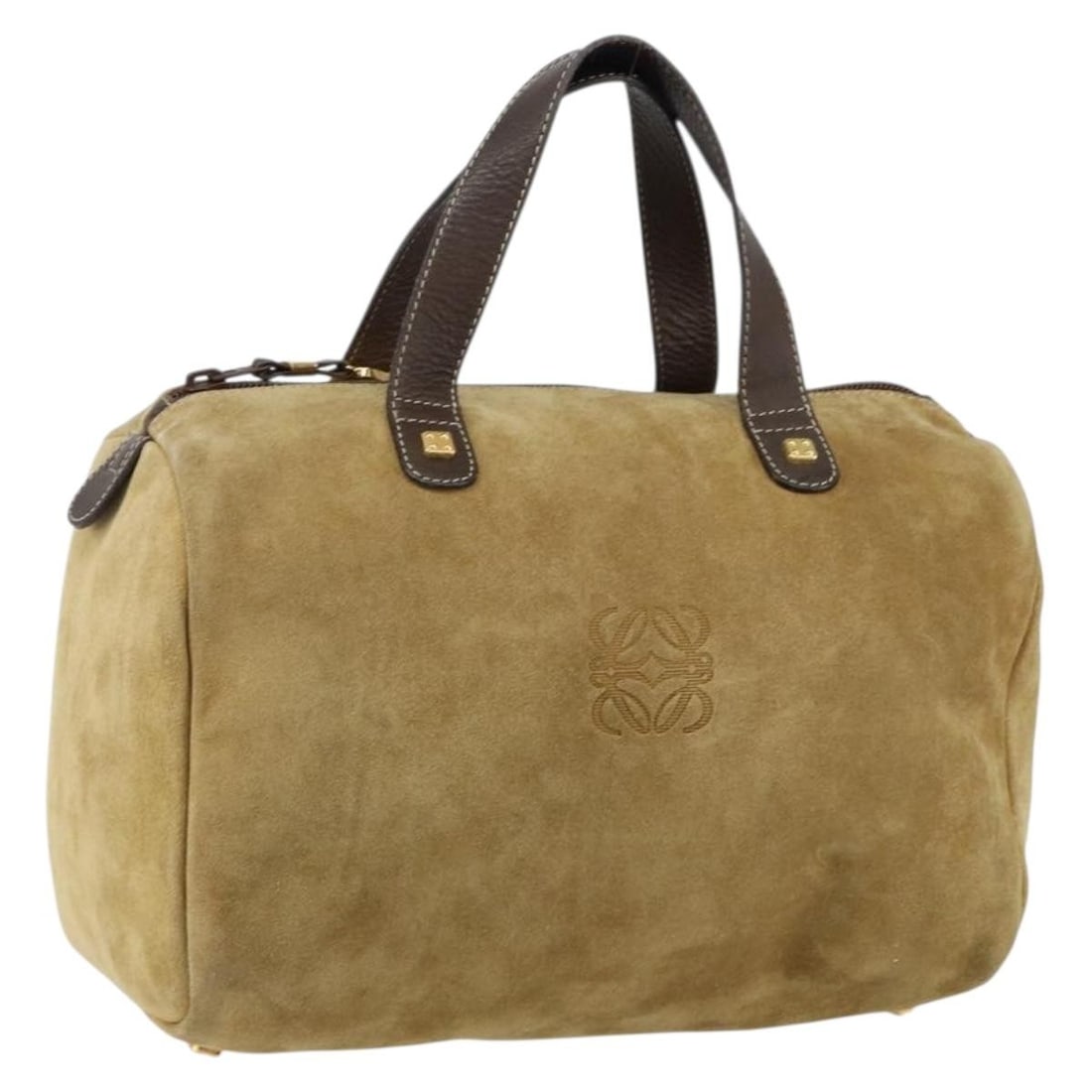 LOEWE Beige Gold Suede Anagram Hand Bag Spain Authentic: LOEWE Beige Gold Suede Anagram Hand Bag Spain Authentic This LOEWE Anagram Hand Bag showcases a luxurious suede exterior in a stylish beige and gold color combination. Measuring approximately 11.8 inc