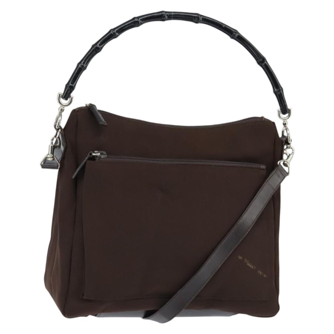 Gucci Bamboo nylon shoulder bag brown silver 000 2404: Gucci Bamboo nylon shoulder bag brown silver 000 2404 This GUCCI Bamboo Hand Bag is crafted from brown and silver nylon and offers versatile carrying options with both a top handle and a detachable sh