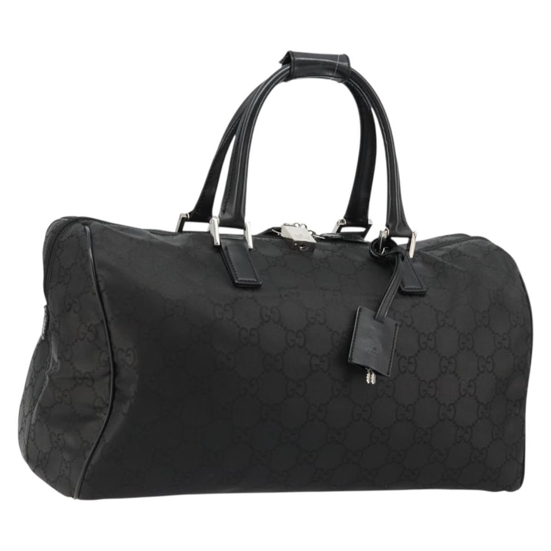 Gucci Boston Bag GG Canvas Black Silver Padlock Key Clochette: Gucci Boston Bag GG Canvas Black Silver Padlock Key Clochette This is a Gucci GG Supreme Boston Bag crafted from black and silver GG canvas. The bag features a spacious interior, dual handles, and inc