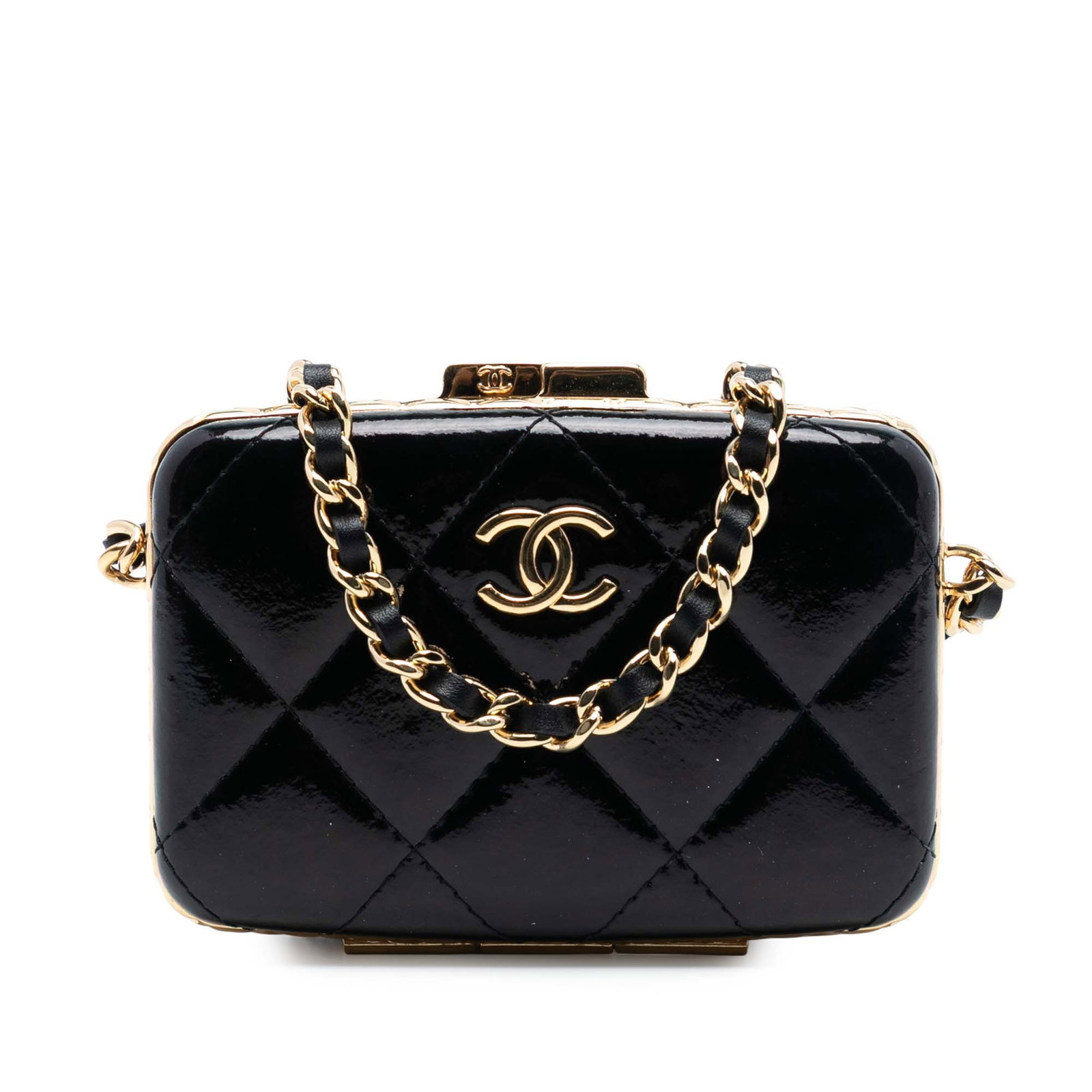 Chanel Black Patent Goatskin Leather Crossbody Box Bag With Chain: Chanel Black Patent Goatskin Leather Crossbody Box Bag With Chain This Chanel crossbody bag features a black patent goatskin leather body with a distinctive glazed finish, complemented by a leather-wo