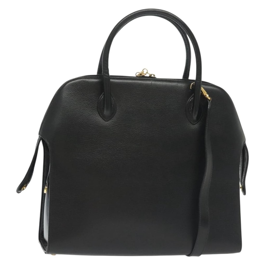 Black Leather Convertible Dome Gancini Bag by Salvatore Ferragamo: Black Leather Convertible Dome Gancini Bag by Salvatore Ferragamo This Salvatore Ferragamo Convertible Dome Gancini handbag is crafted from black leather and features a dome silhouette. Designed for w