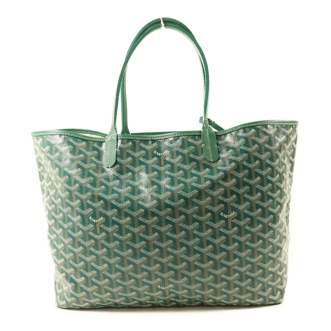 Goyard Saint Louis PM Green Coated Canvas Tote Bag: Goyard Saint Louis PM Green Coated Canvas Tote Bag This Goyard Saint Louis PM tote bag is crafted from durable green PVC coated canvas, offering a stylish and practical accessory for everyday use. Des