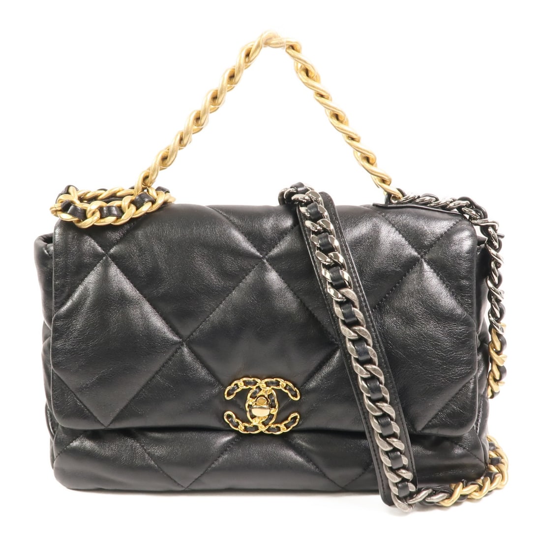 CHANEL 19 Medium Black Lambskin Shoulder Bag AS1161: CHANEL 19 Medium Black Lambskin Shoulder Bag AS1161 This CHANEL 19 Medium 2-Way Shoulder Bag features luxurious black lambskin leather and is designed for versatile wear. The bag offers a classic silh